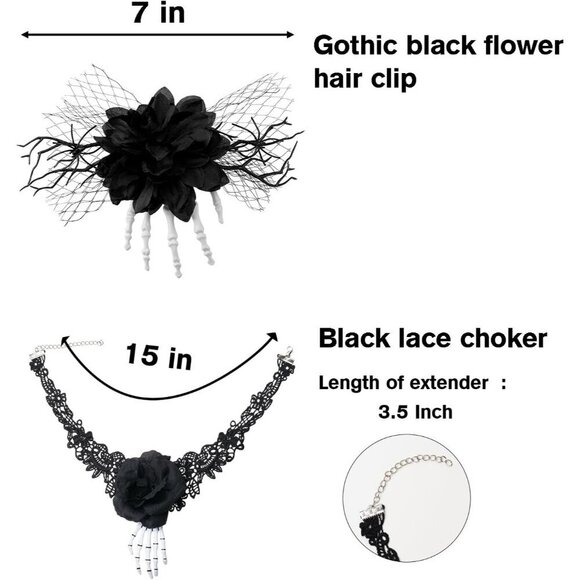 Gothic Halloween Accessories Set Black Lace Choker Skeleton Hand Hair Clip